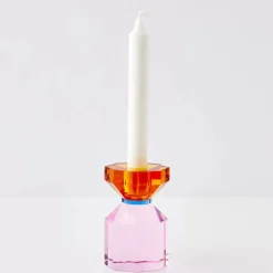 Sale Bevel Crystal Taper Candle Holder Amber Pink Candle Holders