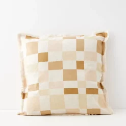 Online Checkered Fringed Cushion With Insert Beige Cushions & Throws
