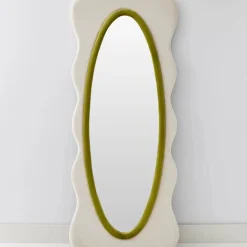 Outlet Squiggle Wavy Velvet Full Length Mirror Cream/Green Mirrors