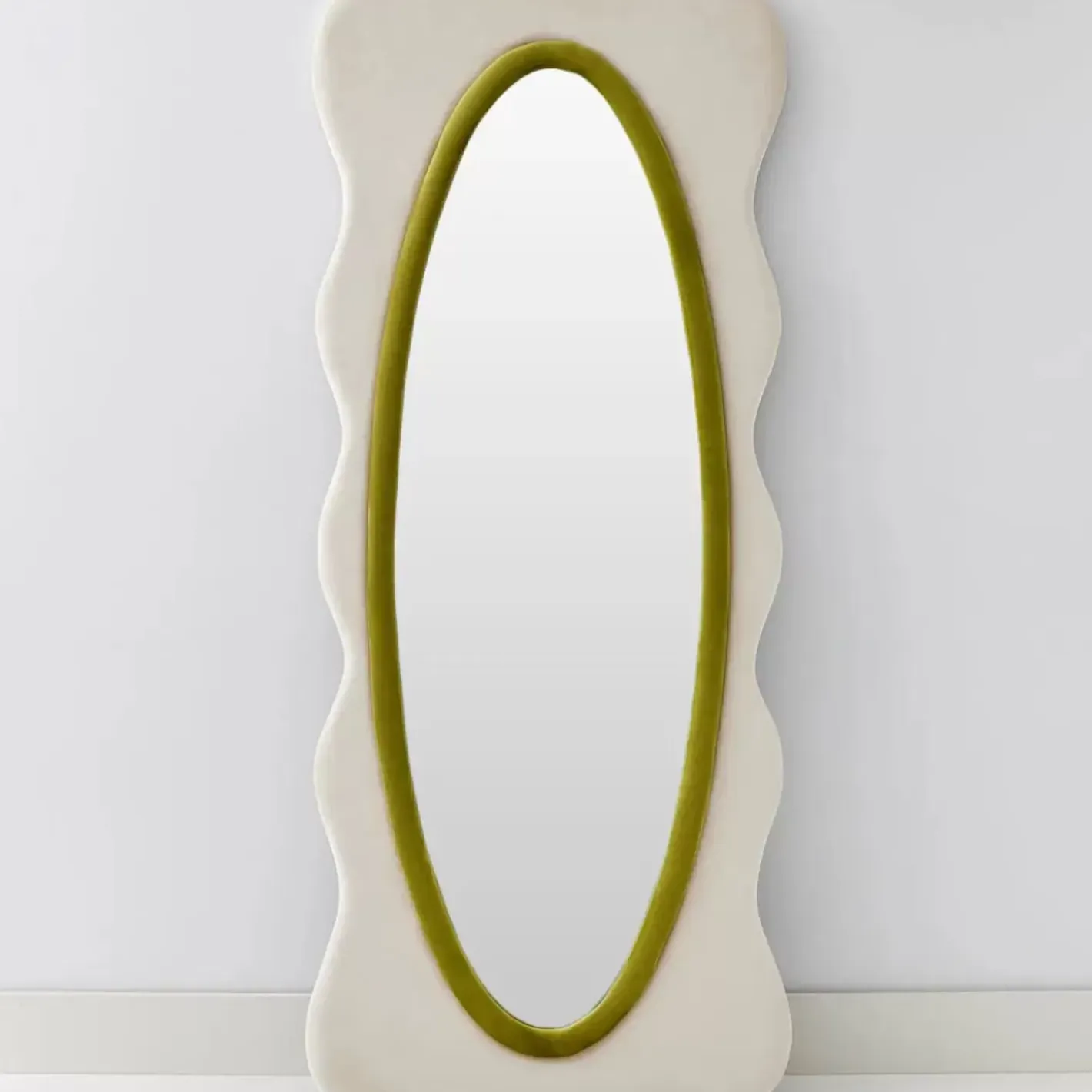 Outlet Squiggle Wavy Velvet Full Length Mirror Cream/Green Mirrors