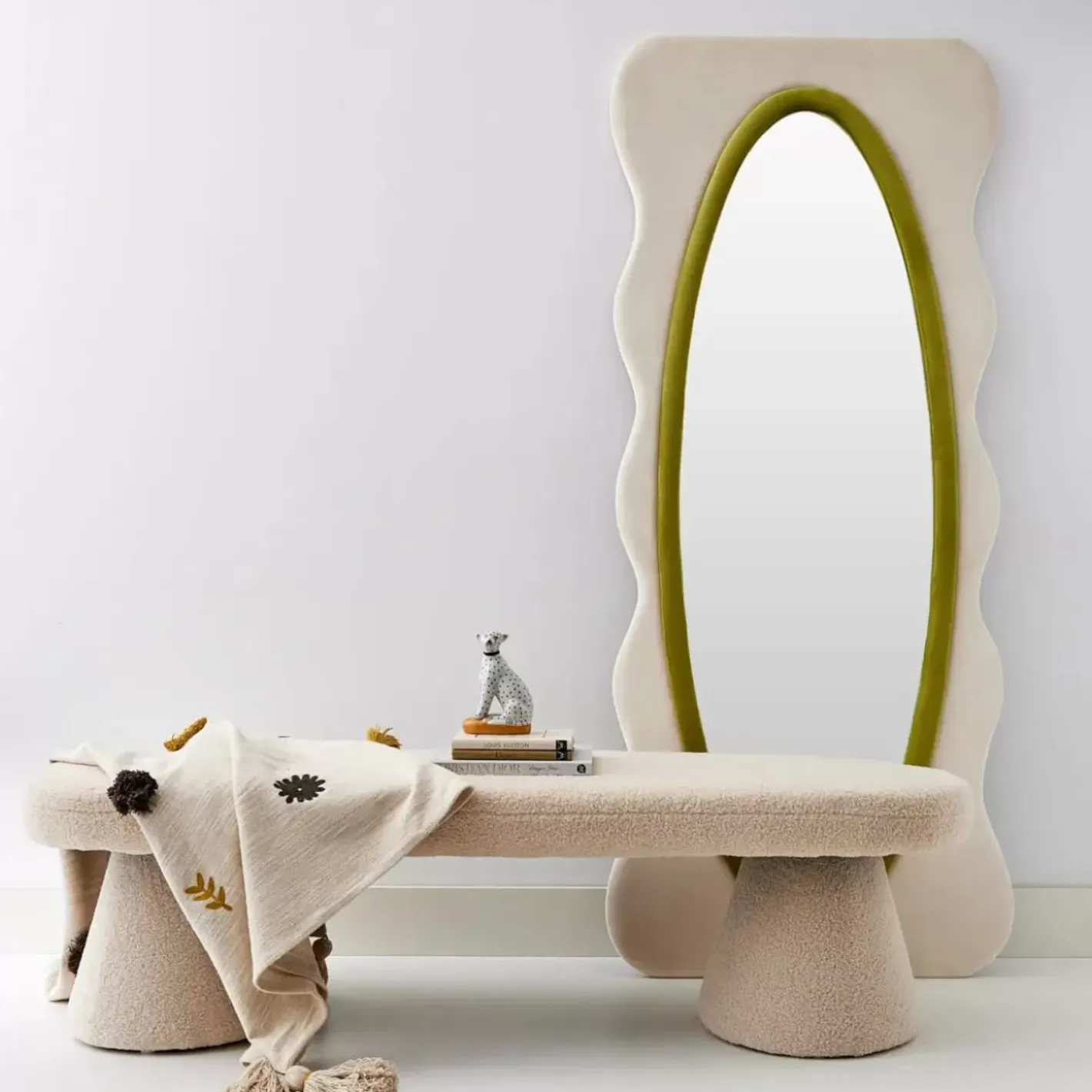 Outlet Squiggle Wavy Velvet Full Length Mirror Cream/Green Mirrors