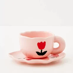Outlet Tulip Ceramic Tea Cup And Saucer Pink Mugs & Teacups